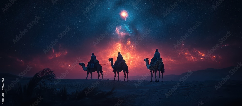 Naklejka premium Three wise men riding camels under a bright star in the desert night.
