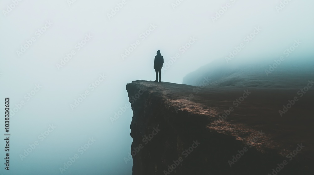 Fototapeta premium A person stands alone on a fog-covered cliff, gazing into the vast abyss below. The mood is introspective and heavy, evoking feelings of solitude and contemplation