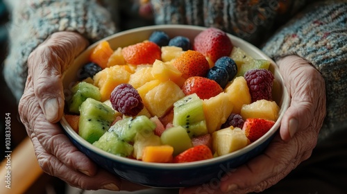 elderly man enjoying a bowl of fresh mixed fruit salad