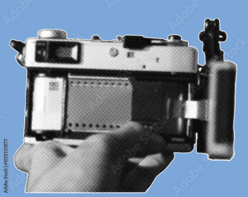 close up of rear view analog camera with back flap open pixelate grayscale color halftone dotted texture style collage element isolated on blue background