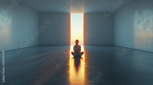 In a spacious, minimalist room, a person sits in solitude near a doorway, staring at the light beyond, evoking emotions of depression and a glimmer of hope