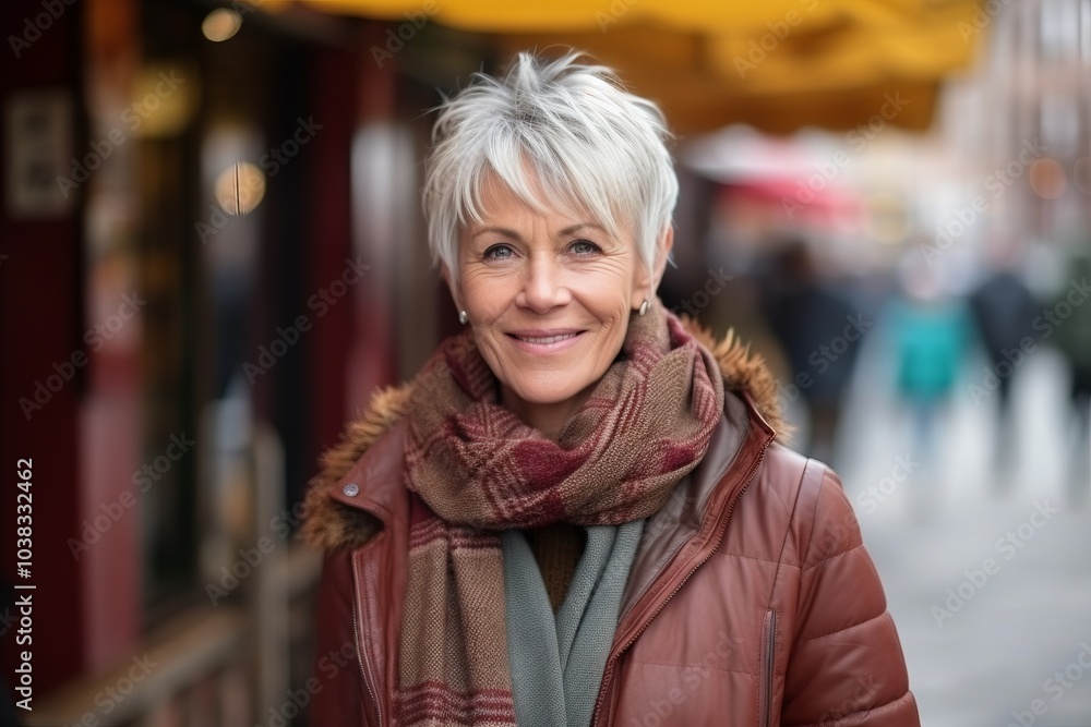 Portrait of a happy senior woman on a shopping street in winter Portrait of a happy senior woman on a shopping street in winter