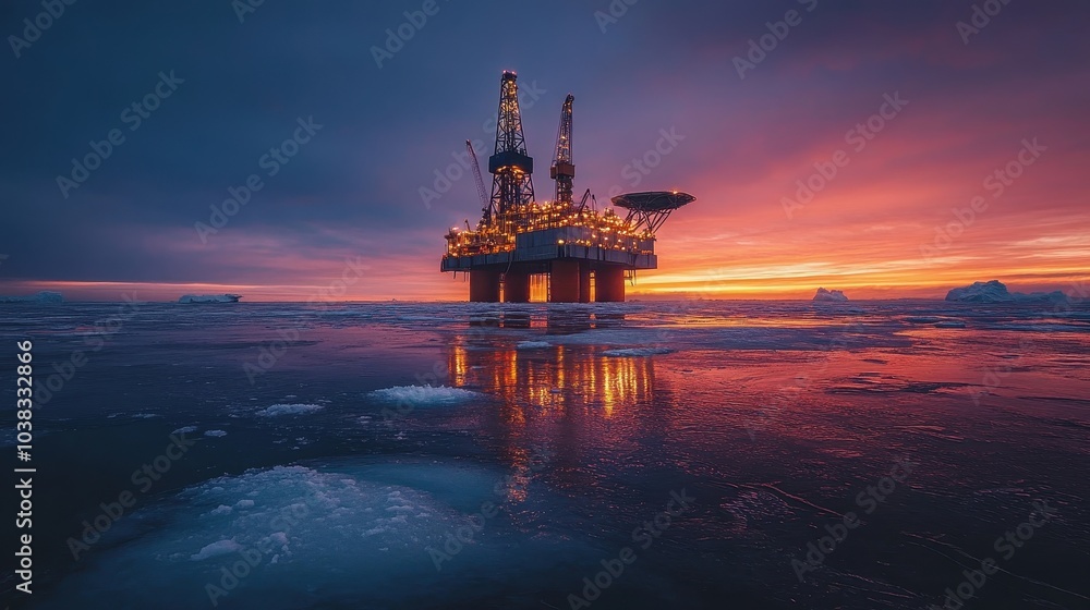 Oil rig stands tall over frozen waters during twilight, capturing the blend of industry and nature Oil rig stands tall over frozen waters during twilight, capturing the blend of industry and nature