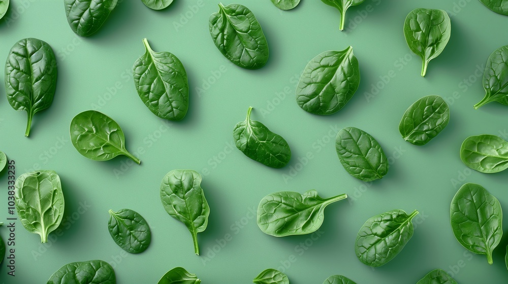 Spinach leaves organic botanical pattern on green background Spinach leaves organic botanical pattern on green background