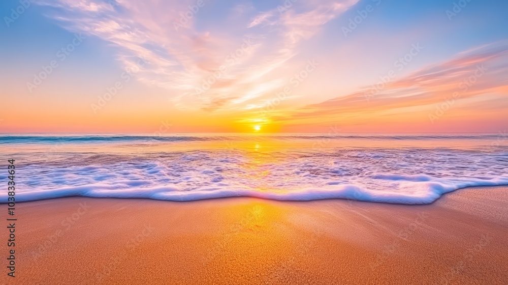 Fototapeta premium Vibrant sunset over a tranquil beach, waves lapping at the shore.