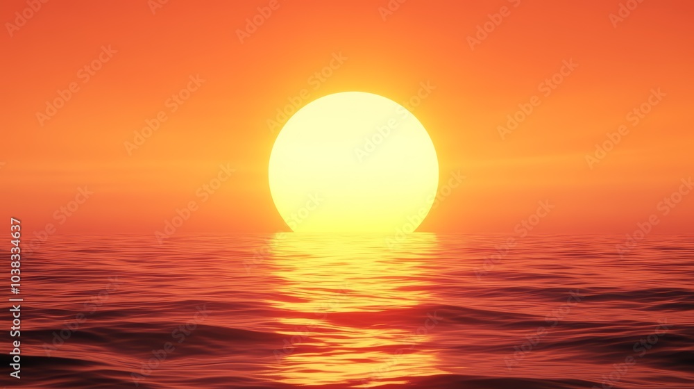 Vibrant sunset over calm ocean waters, orange and yellow sky, serene nature scenery. Vibrant sunset over calm ocean waters, orange and yellow sky, serene nature scenery.