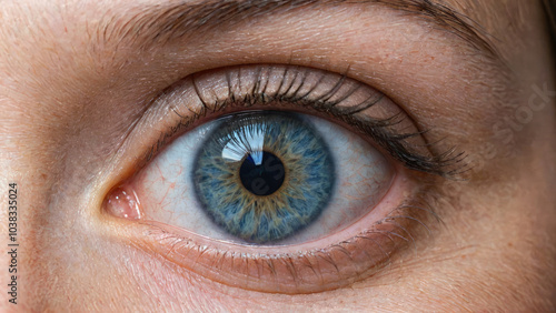 Gray eye of a beautiful girl in close-up. Detail Macro view of an open eye with blue iris and black pupil. A close look.