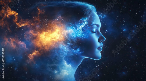 A woman's profile with a nebula surrounding her head, symbolizing the power of the human mind.