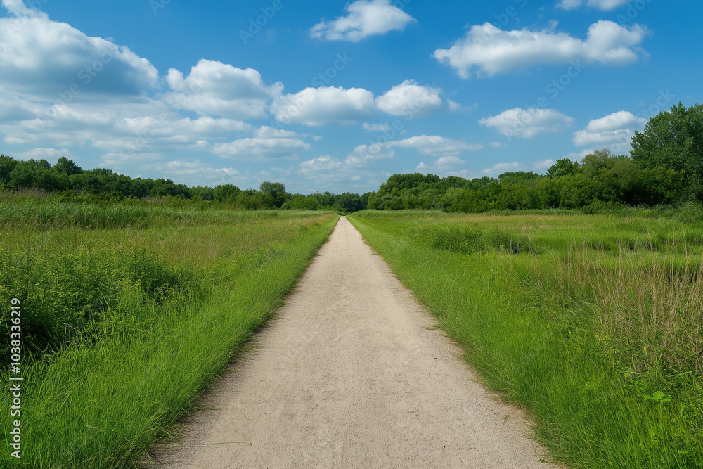 landscape with path in austria, straight bike trail through green meadows surrounded by lush forest, blue sky with fluffy clouds, photorealistic landscape with path in austria, straight bike trail through green meadows surrounded by lush forest, blue sky with fluffy clouds, photorealistic