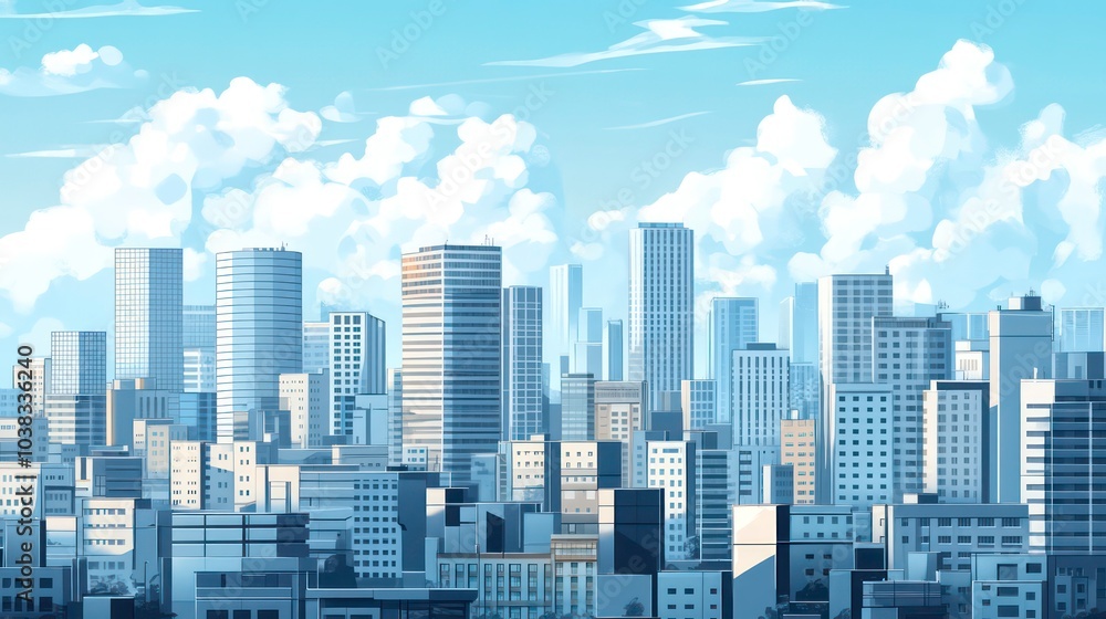 A panoramic view of a modern city skyline with tall buildings and a blue sky with white fluffy clouds. A panoramic view of a modern city skyline with tall buildings and a blue sky with white fluffy clouds.