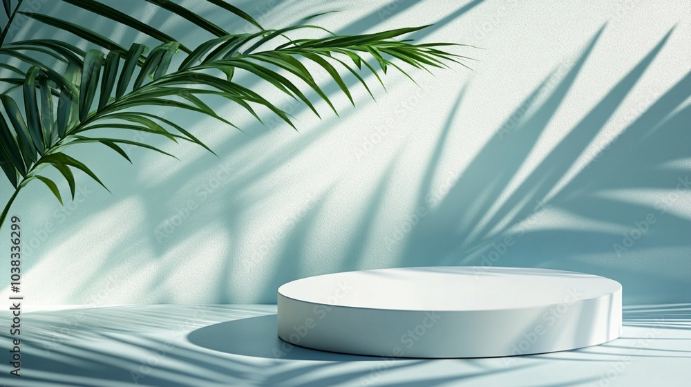 Minimalist product display podium with tropical palm leaf shadow, creating a serene and modern aesthetic for showcasing items in a fresh, natural setting. Minimalist product display podium with tropical palm leaf shadow, creating a serene and modern aesthetic for showcasing items in a fresh, natural setting.