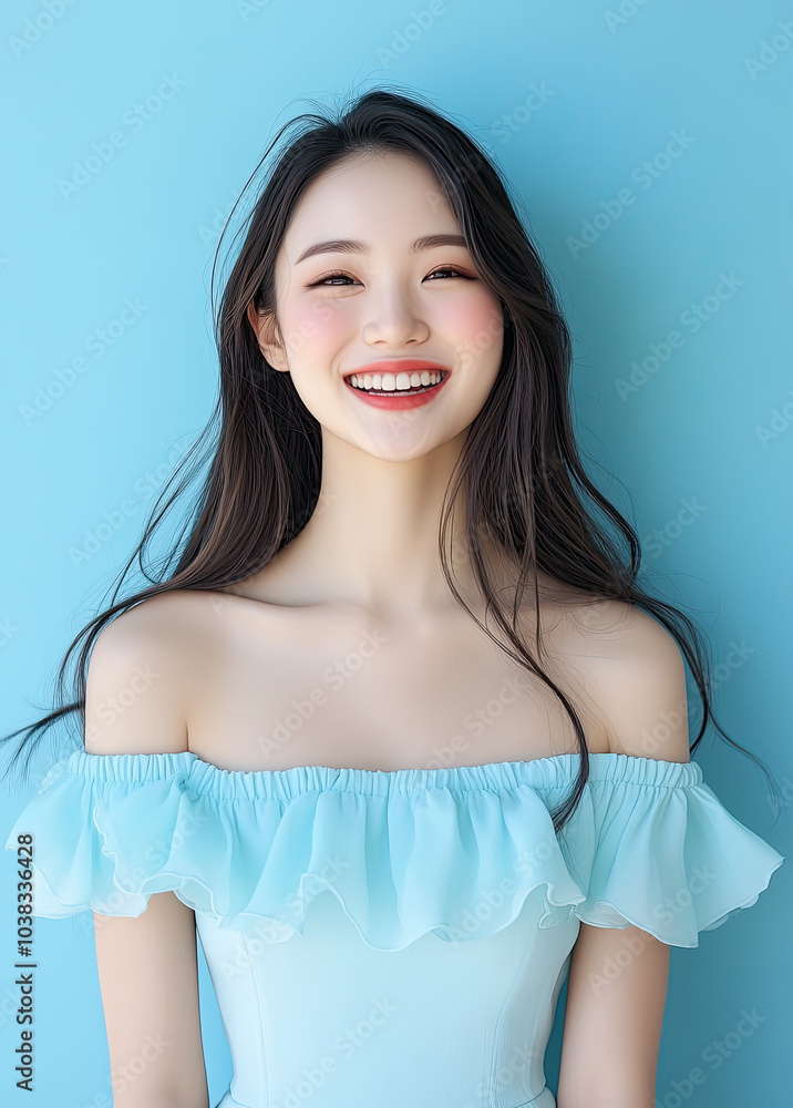 an Asian woman, wearing a light blue off-the-shoulder dress with shoulder ruffles, against a solid color background an Asian woman, wearing a light blue off-the-shoulder dress with shoulder ruffles, against a solid color background