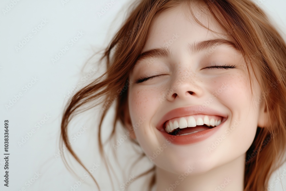 A close-up portrait of a joyful young woman with natural makeup and flowing hair, smiling brightly. A close-up portrait of a joyful young woman with natural makeup and flowing hair, smiling brightly.