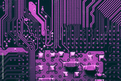 Old desktop motherboard. Chips and electronic components close-up. Can be used as a poster or background for design. photo