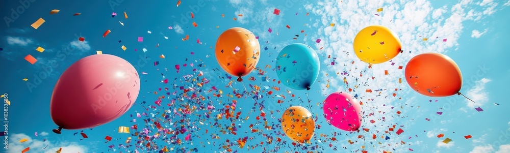 Balloons are flying in the air with confetti and streamers Balloons are flying in the air with confetti and streamers