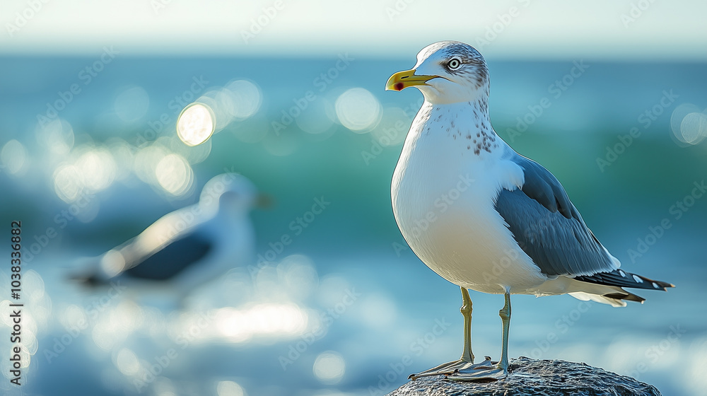 Obraz premium A seagull stands on a rock against the backdrop of the sea. 