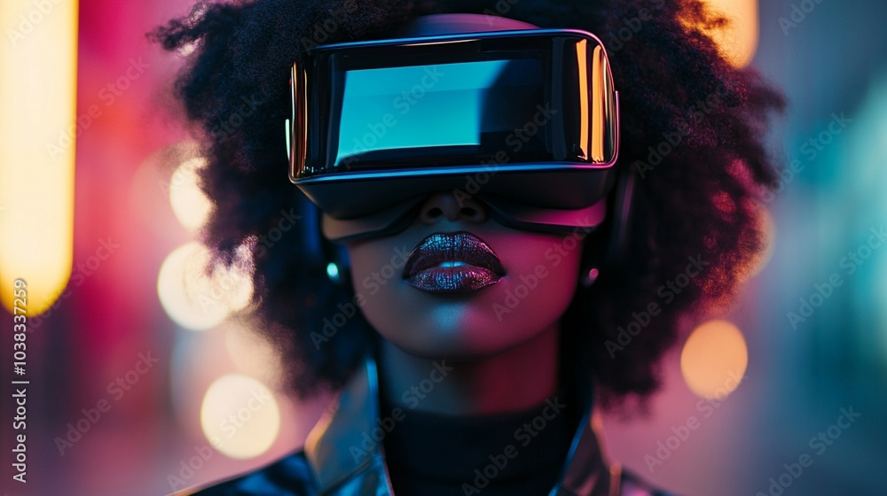 Futuristic portrait of a woman with afro hair wearing virtual reality headset, illuminated by vibrant neon lights. Glittery lips add a touch of glamour. Futuristic portrait of a woman with afro hair wearing virtual reality headset, illuminated by vibrant neon lights. Glittery lips add a touch of glamour.