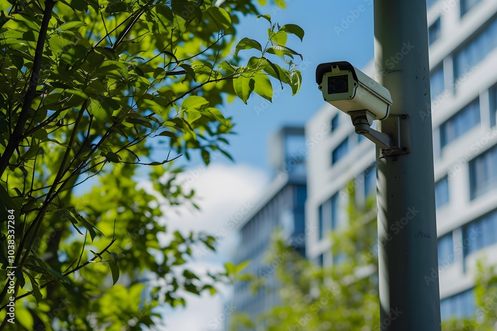 Obraz premium surveillance camera mounted on a pole near green trees in an urban environment, symbolizing the balance between security, technology, and nature in modern cityscapes