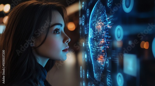 Futuristic technology concept: young woman interacting with holographic global network display, symbolizing digital connectivity and data analysis.