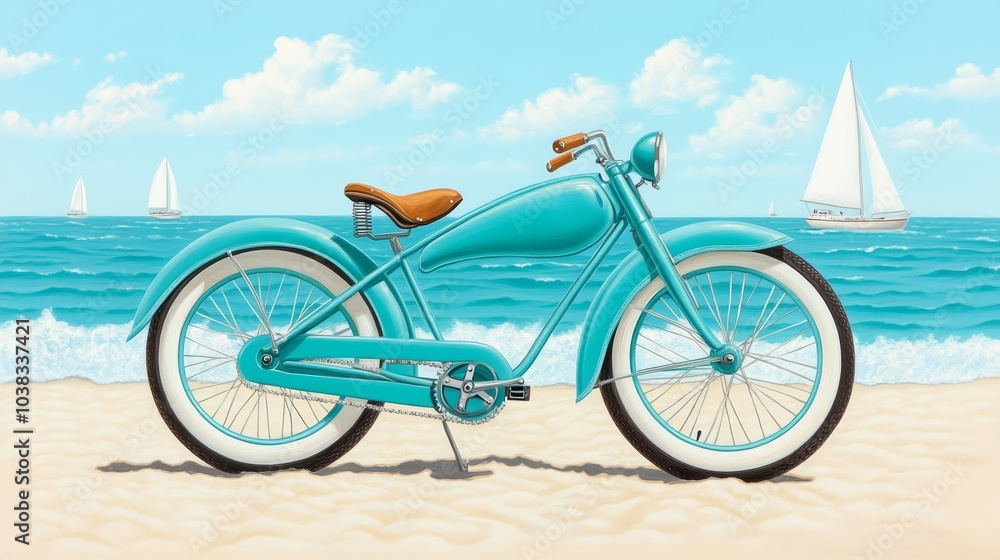 Fototapeta premium Vintage beach cruiser bicycle on sandy shore with ocean view and sailing boats.