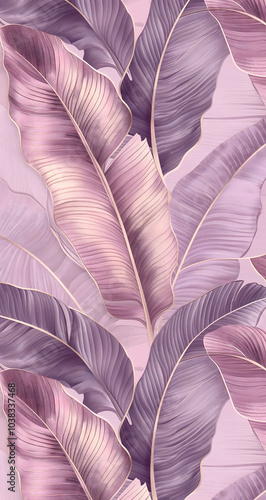 Soft pink and purple tropical leaves with a metallic sheen, ideal for home decor, wallpaper design, textile patterns, fashion accessories, and botanical-themed digital art projects photo