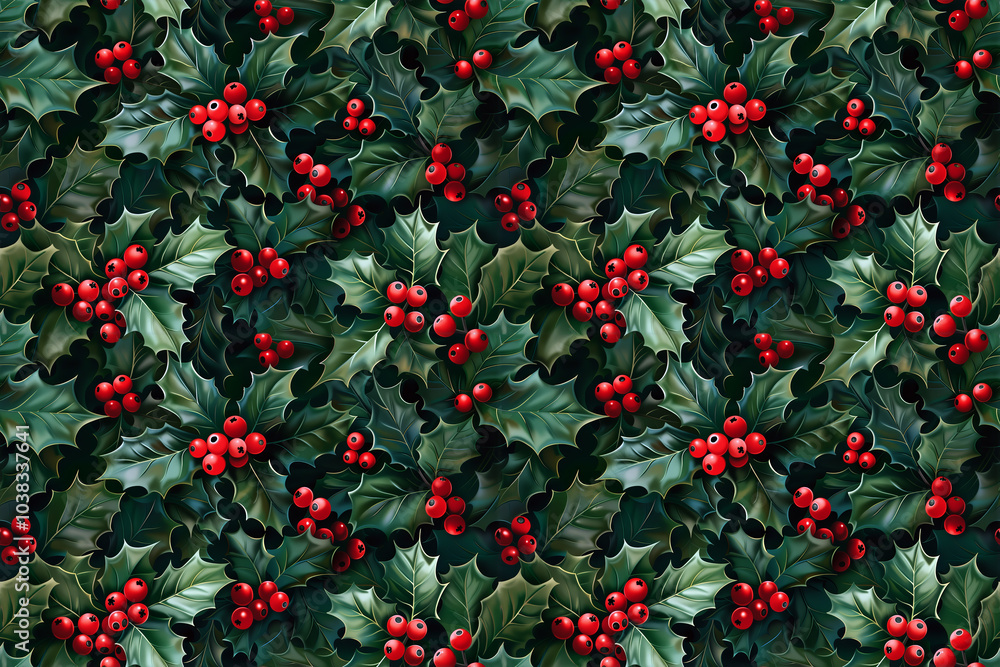 Seamless repeat and fully tileable background of christmas holly with red berries Seamless repeat and fully tileable background of christmas holly with red berries