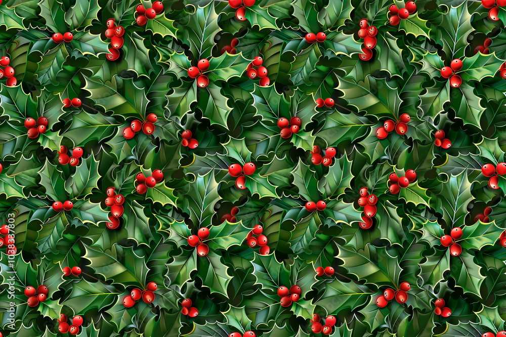Obraz premium Seamless repeat and fully tileable background of christmas holly with red berries