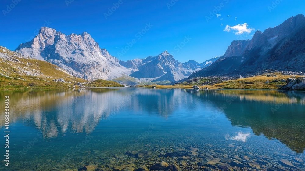 Serene Mountain Lake with Clear Reflection and Blue Sky Serene Mountain Lake with Clear Reflection and Blue Sky
