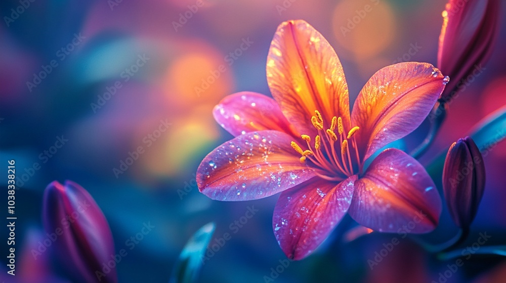 Vibrant pink lily blooms against a dreamy blue background, its petals adorned with delicate water droplets, creating a mesmerizing display of nature's beauty. Vibrant pink lily blooms against a dreamy blue background, its petals adorned with delicate water droplets, creating a mesmerizing display of nature's beauty.