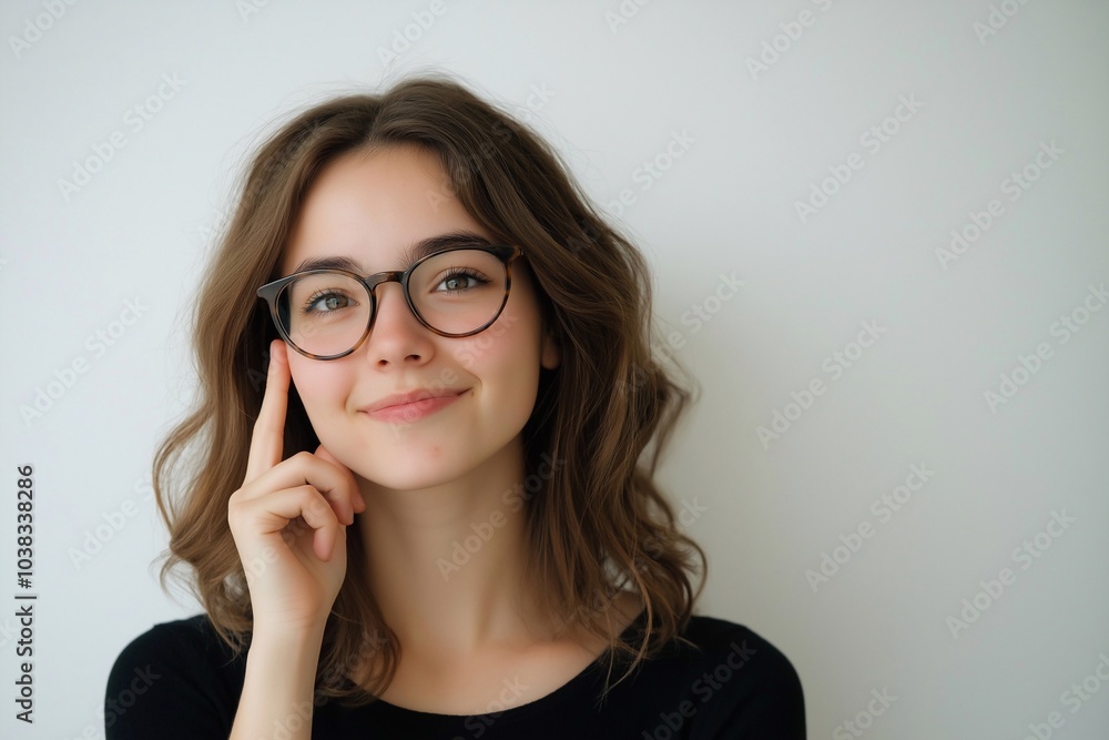 A happy young woman wearing a glasses, with her index finger gently placed against her cheek, appearing to be in a thoughtful or curious pose isolated on white background. A happy young woman wearing a glasses, with her index finger gently placed against her cheek, appearing to be in a thoughtful or curious pose isolated on white background.