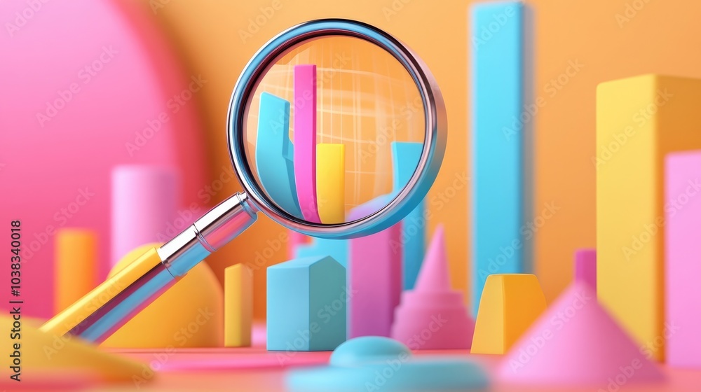 Magnifying glass over a graph, idea and business growth, 3D illustration Magnifying glass over a graph, idea and business growth, 3D illustration