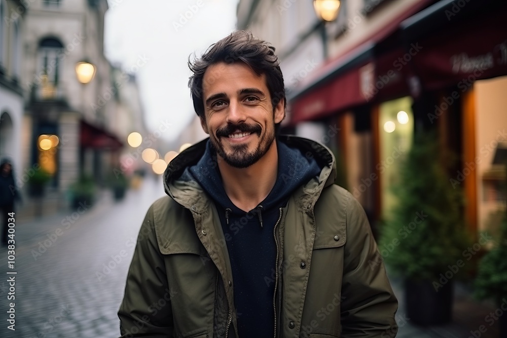 Portrait of a handsome young man smiling at the camera on a city street Portrait of a handsome young man smiling at the camera on a city street