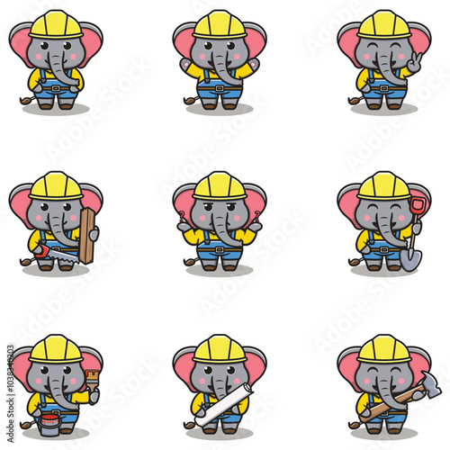 Cute Elephant mascot works in construction. Cute Elephant builder cartoon. Animal builders.