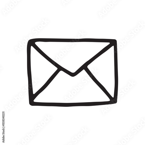 Doodle letter envelope icon or logo, hand drawn with thin black line. PNG isolated on transparent background and vector illustration