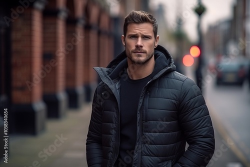 Portrait of a handsome young man in a city street. Men's beauty, fashion.