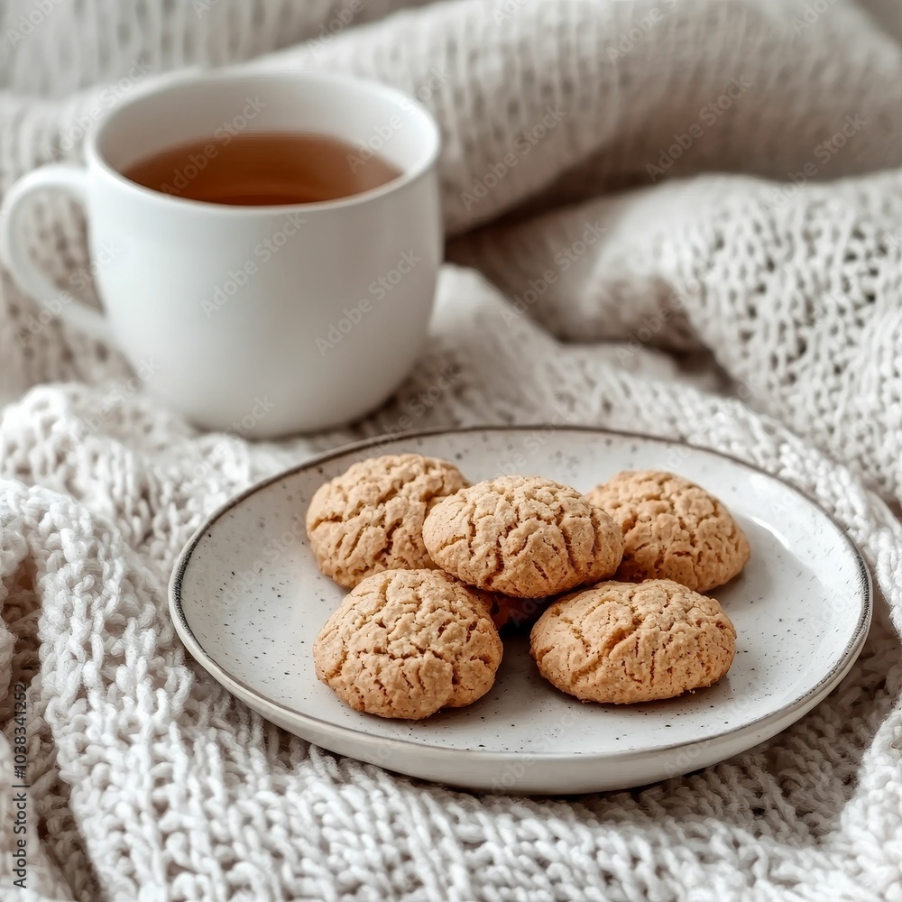 A cozy setting featuring a plate of homemade cookies beside a warm cup of tea, set against a soft knitted blanket. A cozy setting featuring a plate of homemade cookies beside a warm cup of tea, set against a soft knitted blanket.