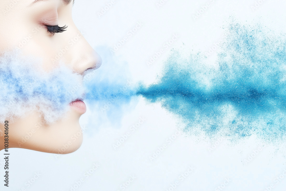 surreal portrait of woman exhaling blue smoke cloud creating dreamy watercolor effect against white background surreal portrait of woman exhaling blue smoke cloud creating dreamy watercolor effect against white background