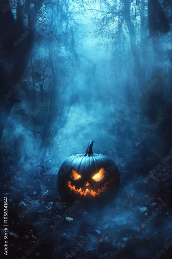 Naklejka premium Halloween pumpkin in the background with a fuzzy Enchanted Forest