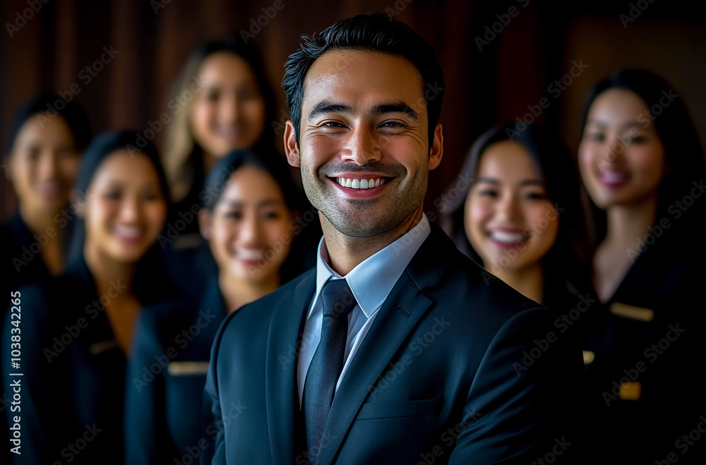A handsome, smiling man in his late thirties, wearing business attire, standing with a group of happy female hotel staff members A handsome, smiling man in his late thirties, wearing business attire, standing with a group of happy female hotel staff members