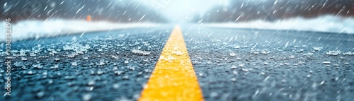 Wet road with yellow traffic lines under rainy weather conditions.