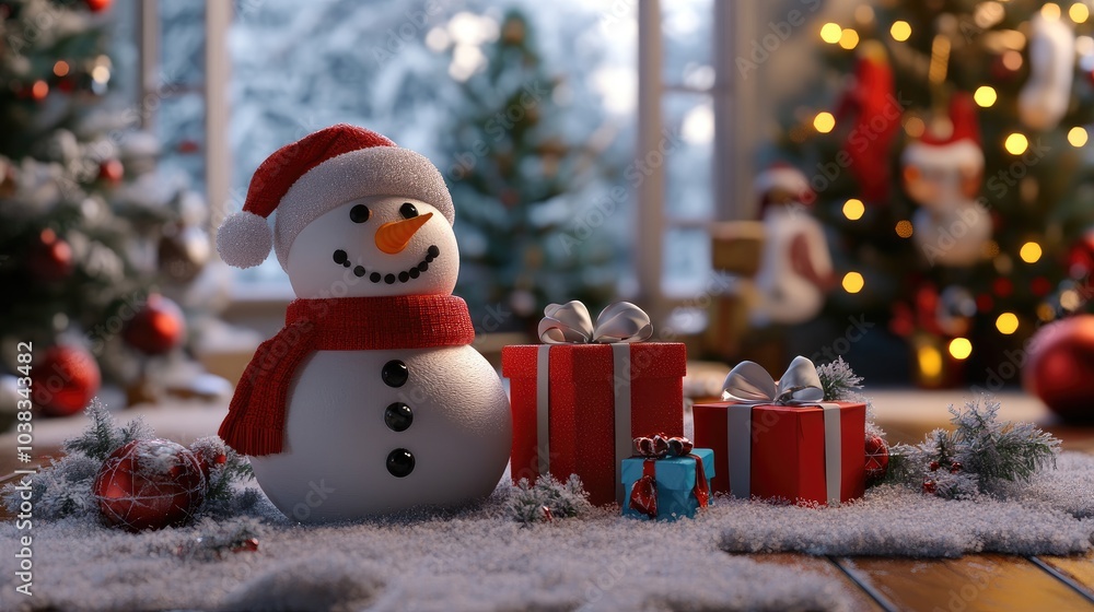 snowman and gifts flat design front view North Pole theme 3D render color scheme snowman and gifts flat design front view North Pole theme 3D render color scheme