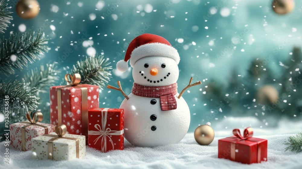 snowman and gifts flat design front view North Pole theme 3D render color scheme snowman and gifts flat design front view North Pole theme 3D render color scheme