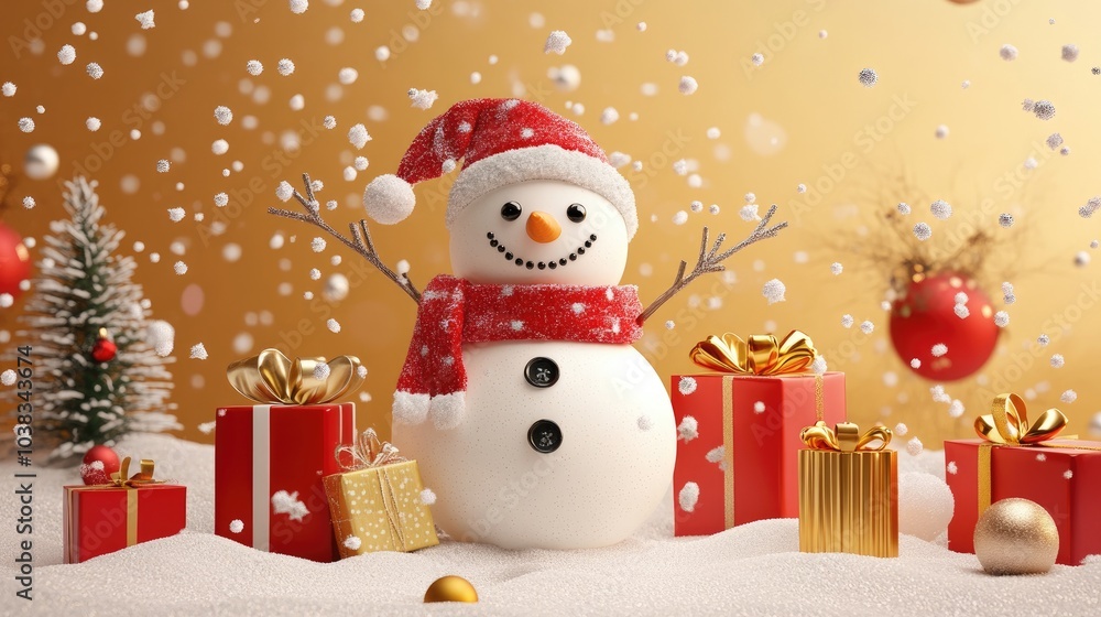 snowman and gifts flat design front view North Pole theme 3D render color scheme snowman and gifts flat design front view North Pole theme 3D render color scheme