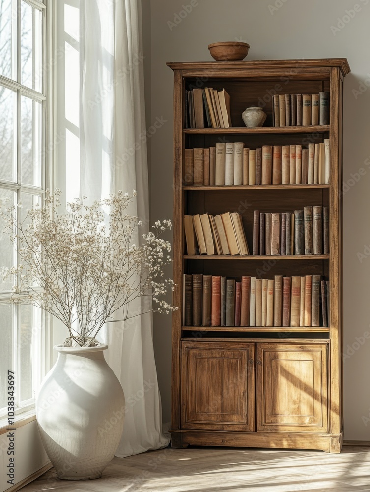 Vase with flowers in it next to a bookcase Vase with flowers in it next to a bookcase