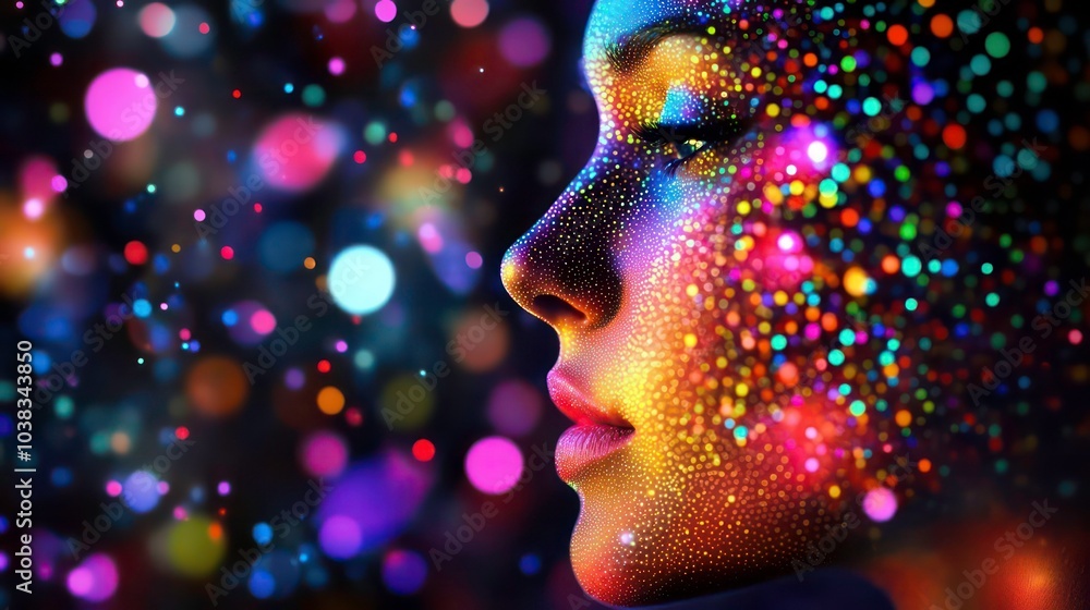 Woman with colorful glitter makeup and bokeh lights in the background. Woman with colorful glitter makeup and bokeh lights in the background.