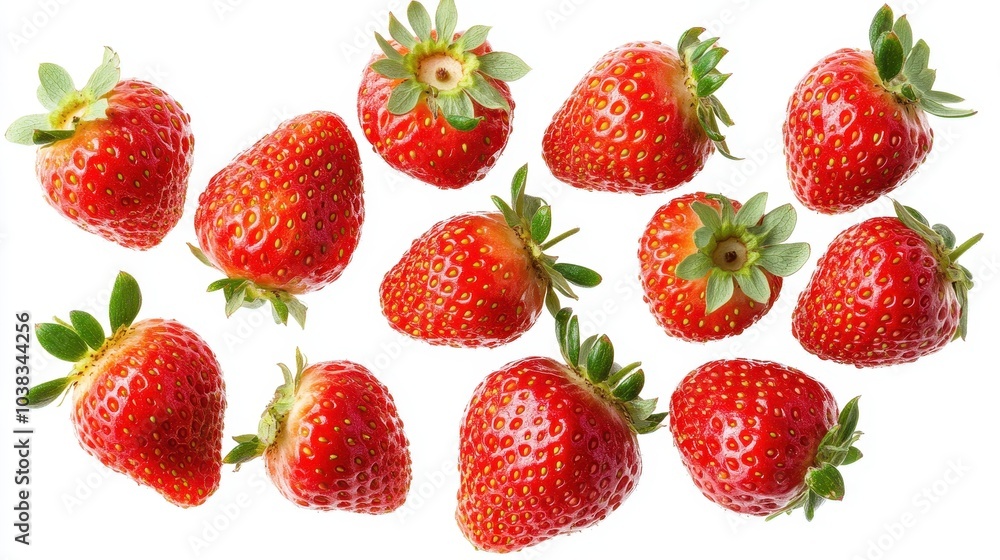 Red strawberries from a flat view isolated on a white background. Fresh berries that are high in vitamin C for summer fun. Red strawberries from a flat view isolated on a white background. Fresh berries that are high in vitamin C for summer fun.