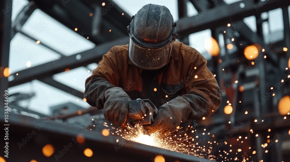 Skilled worker grinding steel beam with precision, focus on grinder and sparks, construction work Skilled worker grinding steel beam with precision, focus on grinder and sparks, construction work