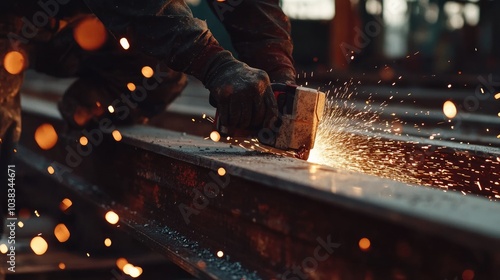 Skilled worker grinding steel beam with precision, focus on grinder and sparks, construction work 