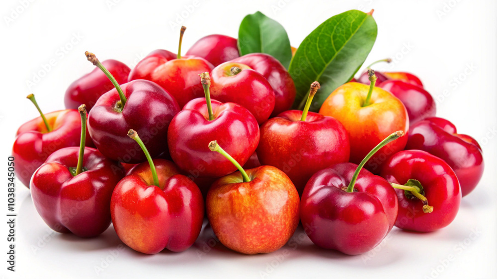 Obraz premium Fresh Red Cherries with Green Leaves on White Background