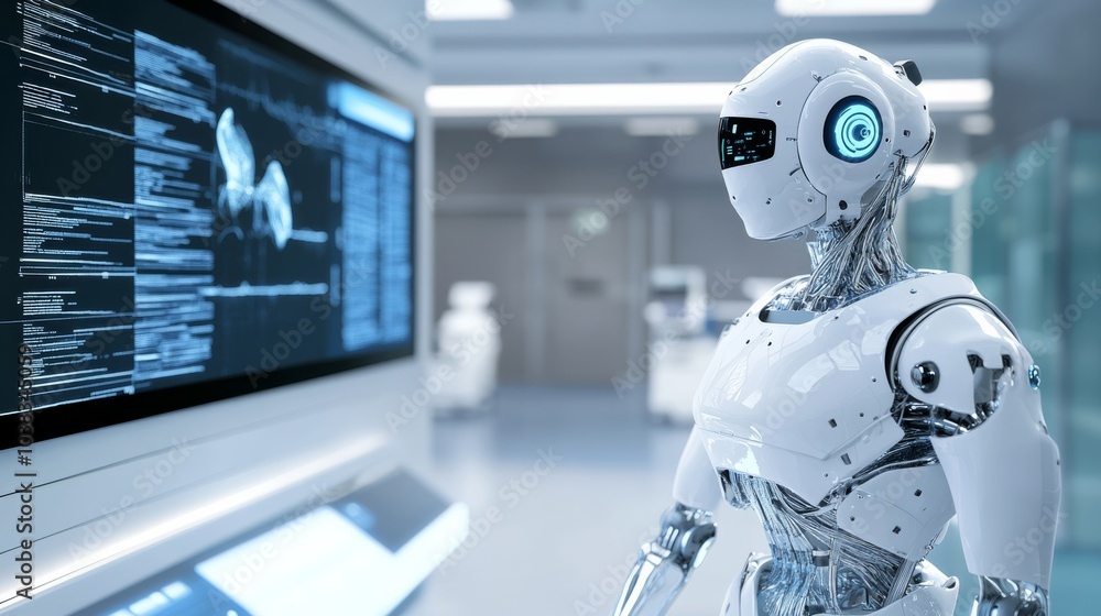 A sophisticated autonomous medical diagnostic robot, modern clinic with advanced diagnostic robots and interactive screens, Medical style A sophisticated autonomous medical diagnostic robot, modern clinic with advanced diagnostic robots and interactive screens, Medical style
